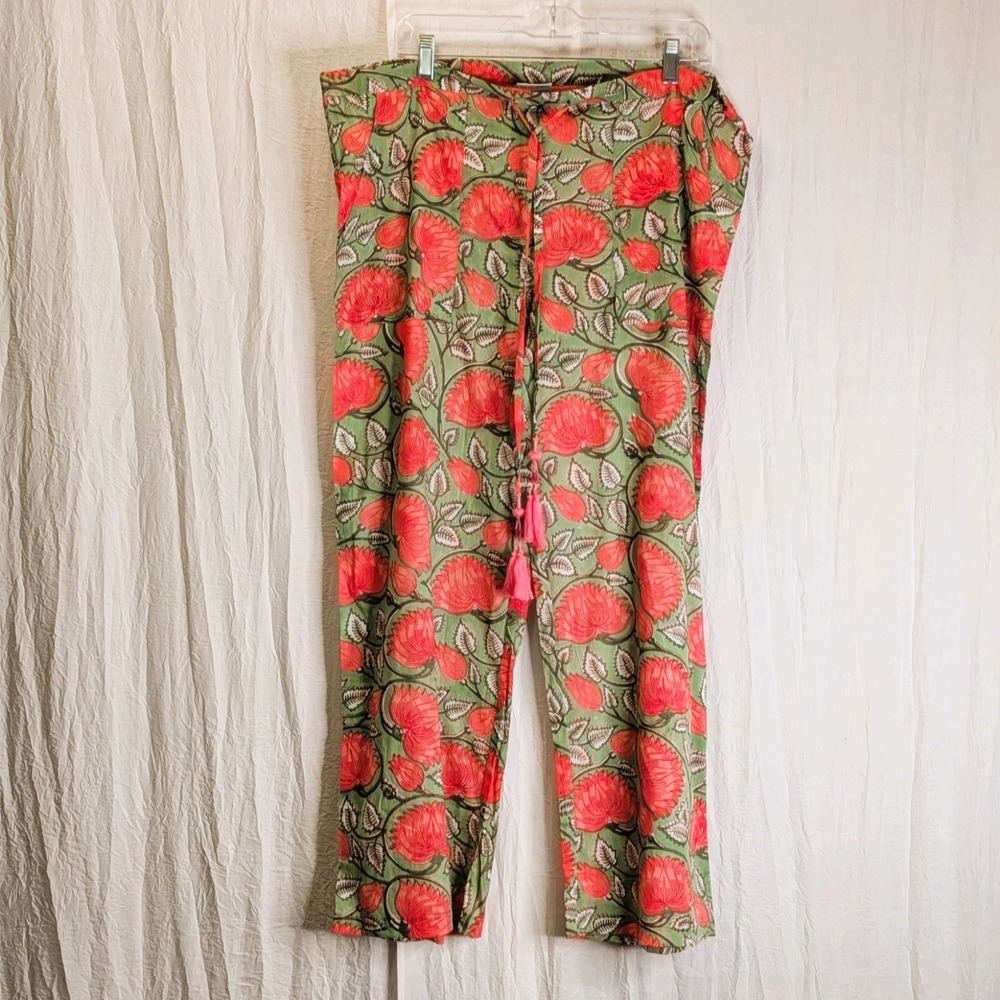 Pax Philomena Francis Floral Cotton Lounge Pants M Tassles & Beading MSRP $165